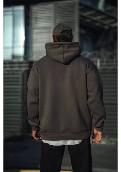 Üç Iplik Penye Kapşonlu Basic Sweatshirt - Füme