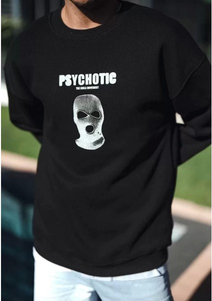 Kışlık Bisiklet Yaka Baskılı Sweatshirt - Siyah