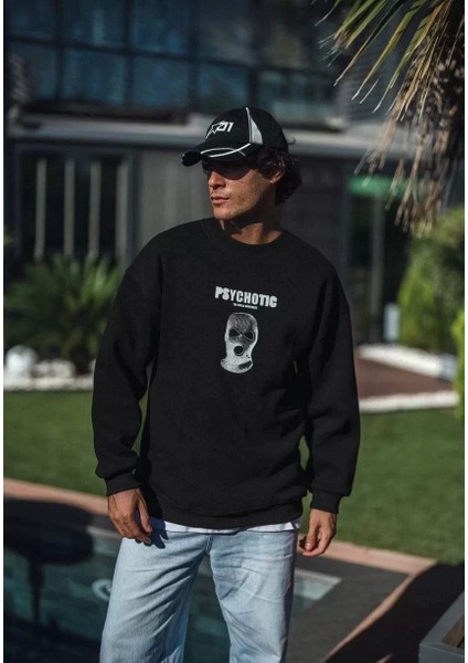 Kışlık Bisiklet Yaka Baskılı Sweatshirt - Siyah