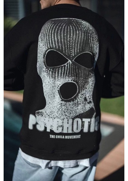 Kışlık Bisiklet Yaka Baskılı Sweatshirt - Siyah