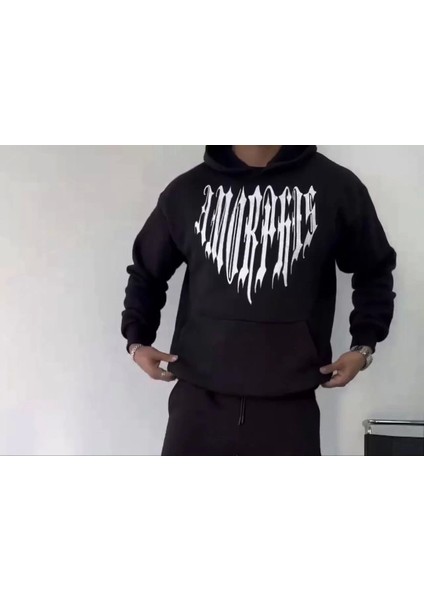 Uzun Kol Kapüşonlu Baskılı Sweatshirt - Siyah