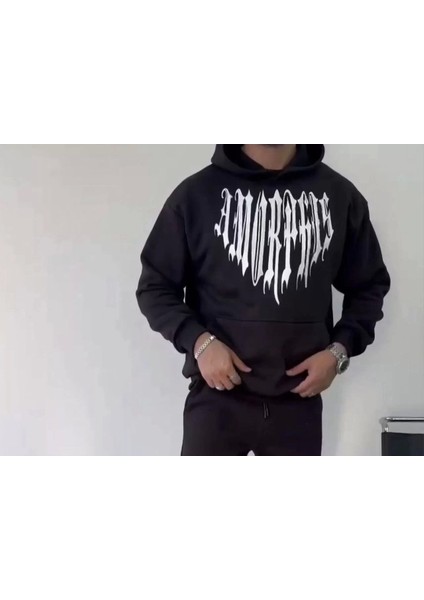 Uzun Kol Kapüşonlu Baskılı Sweatshirt - Siyah