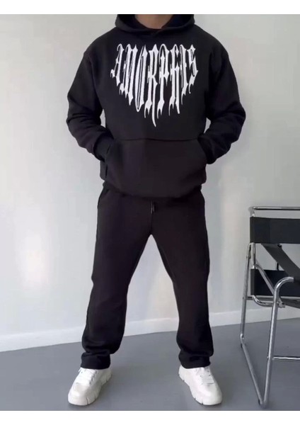 Uzun Kol Kapüşonlu Baskılı Sweatshirt - Siyah