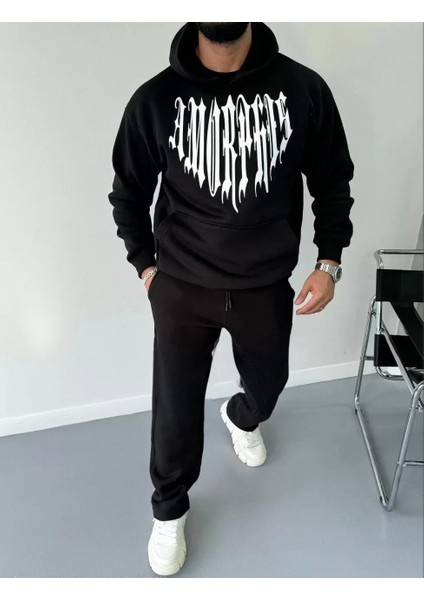 Uzun Kol Kapüşonlu Baskılı Sweatshirt - Siyah