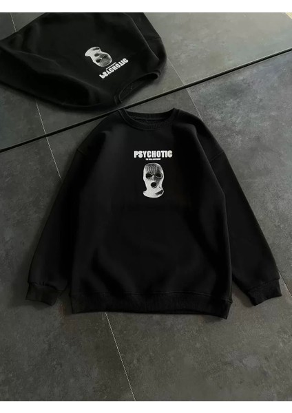Kışlık Bisiklet Yaka Baskılı Sweatshirt - Siyah