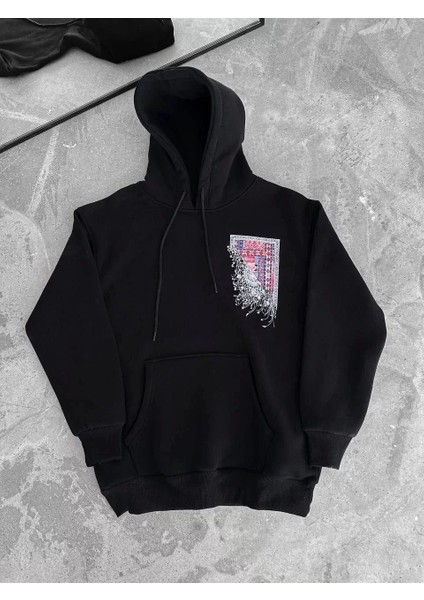 Uzun Kol Kapüşonlu Ön ve Arka Baskılı Sweatshirt - Siyah