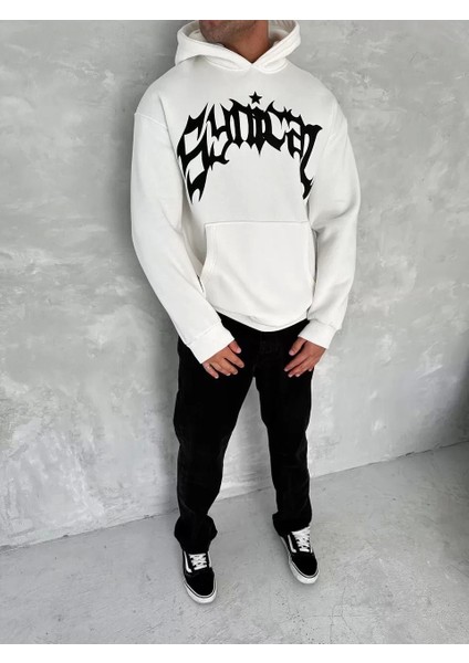 Unisex Üç Iplik Kapüşonlu Baskılı Sweatshirt - Beyaz