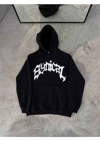Üç Iplik Kapüşonlu Baskılı Oversize Sweatshirt- Siyah
