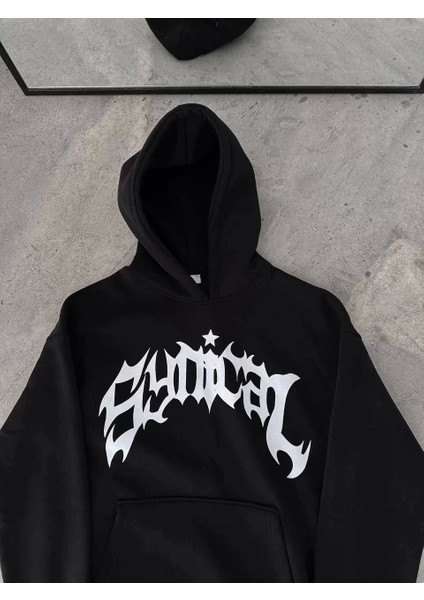 Üç Iplik Kapüşonlu Baskılı Oversize Sweatshirt- Siyah