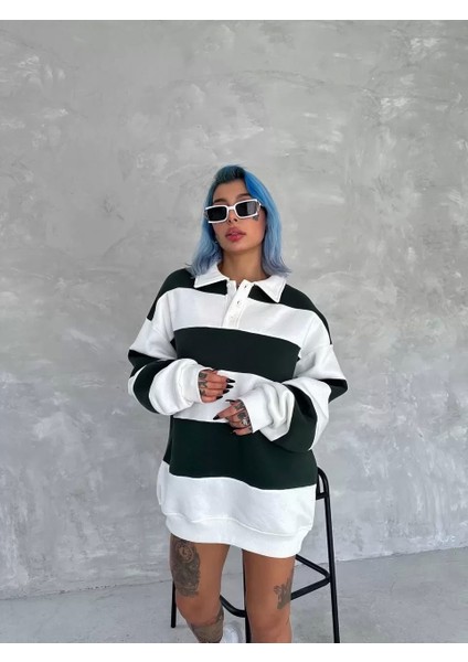 Unisex Üç Iplik Parçalı Yakalı Sweatshirt - Yeşil