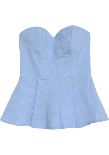 Ince Çizgili Pileli Straplez Bluz Mavi