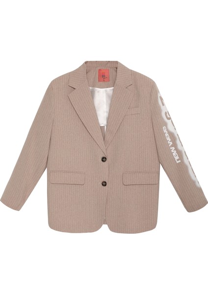Kolu Baskılı Ince Çizgili Blazer Ceket Bej