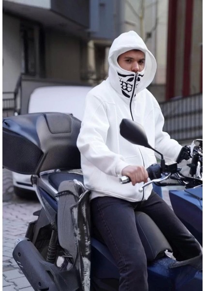 Samuray Kapşonlu Zıp Fermuarlı Çift Kapşonlu Nakışlı Sweatshirt- Beyaz