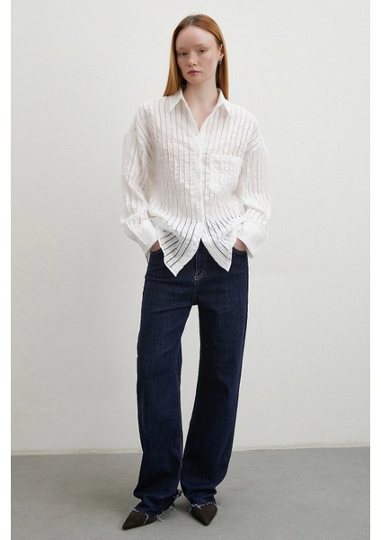 Transparan Çizgili Gömlek Beyaz