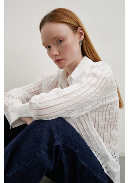 Transparan Çizgili Gömlek Beyaz fırsatları