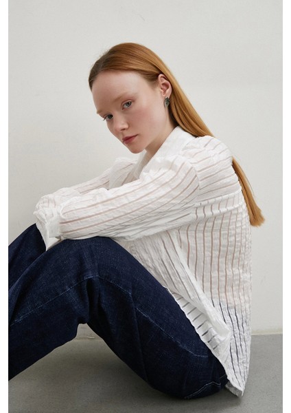 Transparan Çizgili Gömlek Beyaz indirimleri