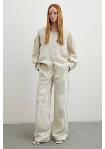 Robalı Cepli Keten Gömlek Taş