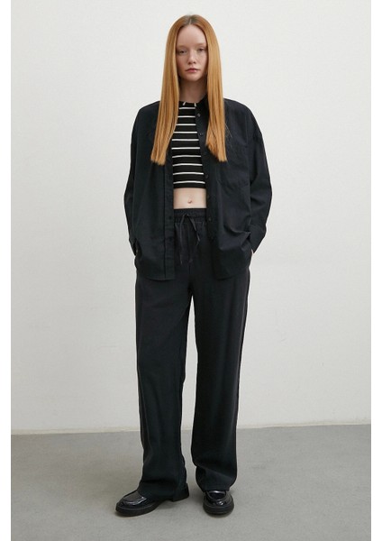 Keten Karışımlı Oversize Gömlek Siyah