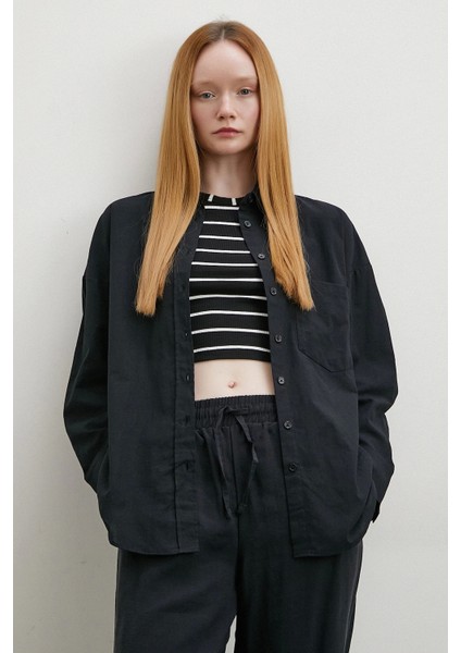 Keten Karışımlı Oversize Gömlek Siyah fırsatları