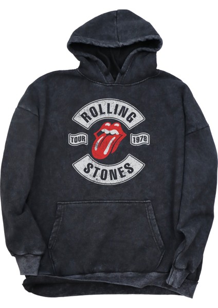 Unisex Rolling Stones Yazılı Kapüşonlu Yıkamalı Sweatshirt,oversize Rock Band Baskılı Retro Hoodie
