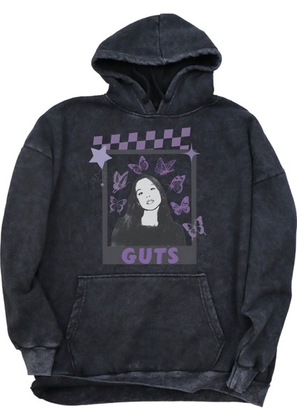 Unisex Guts Yazılı Kapüşonlu Yıkamalı Sweatshirt, Oversize Olivia Rodrigo Baskılı Retro Hoodie