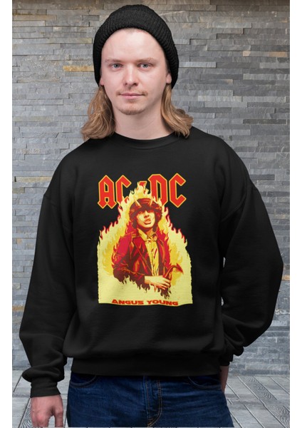 Angus Young Ac Dc Kapüşonsuz Sweatshirt, Oversize Rock Band Baskılı Sweat