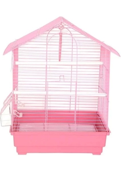 İki Kapılı Çatılı Muhabbet Kuşu Kafesi Pembe 35x28x46 cm