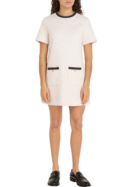 Yuvarlak Yaka Düz Beyaz Kısa Kadın Elbise Tweed Short Shıft Dress