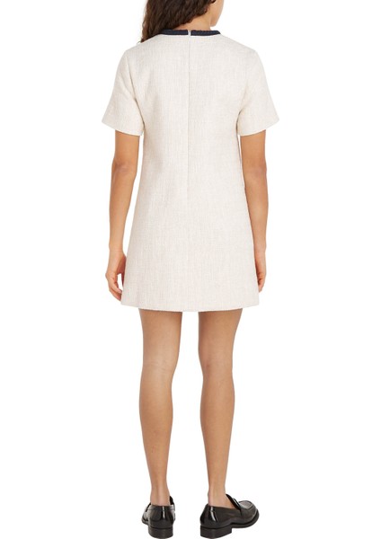 Yuvarlak Yaka Düz Beyaz Kısa Kadın Elbise Tweed Short Shıft Dress modelleri