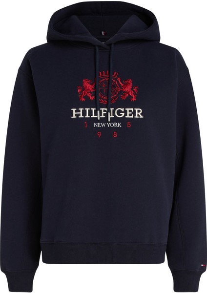 Kapüşon Yaka Nakışlı Lacivert Kadın Sweatshırt Mdrn Reg Varsıty Crest Hoodıe