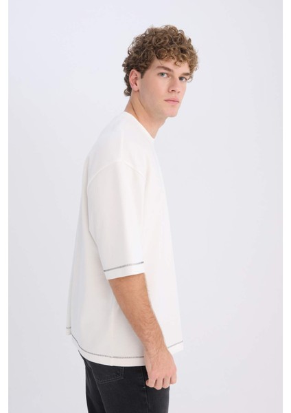 Loose Fit Bisiklet Yaka Kısa Kollu Ağır Kumaş Tişört C0147AX25SP fırsatları