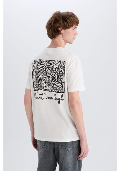 %100 Pamuk Van Gogh Regular Fit Bisiklet Yaka Sırt Baskılı Kısa Kollu Tişört D5474AX25SP