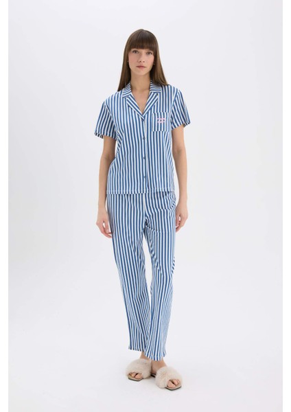Pijama Takımı Çizgili Kısa Kollu Üst Esnek Belli Uzun Alt-Fall in Love E0275AX25SP