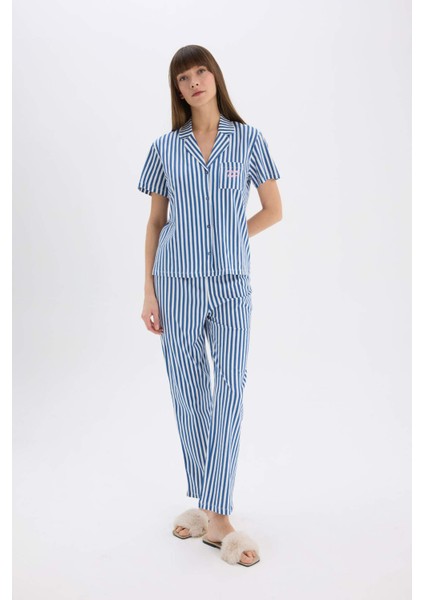 Pijama Takımı Çizgili Kısa Kollu Üst Esnek Belli Uzun Alt-Fall in Love E0275AX25SP