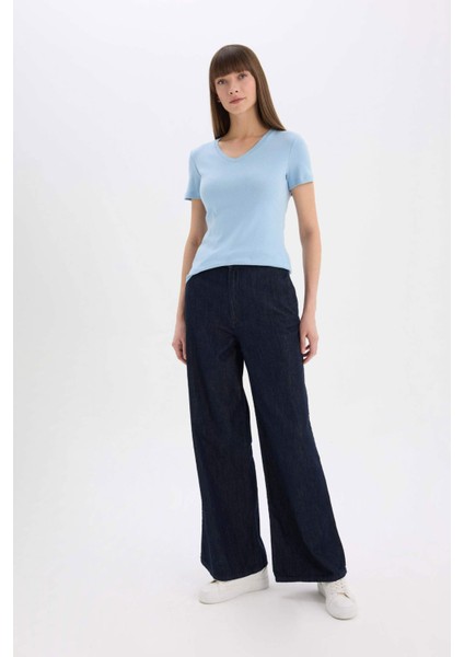 Slim Fit Dar Kesim V Yaka Basic Düz Ribana Kısa Kollu Tişört I1080AZ25SP