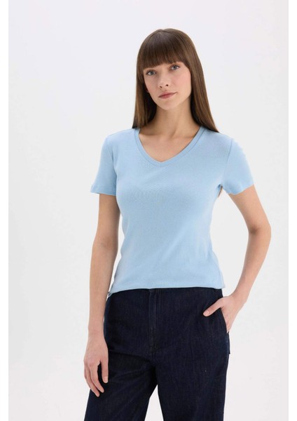 Slim Fit Dar Kesim V Yaka Basic Düz Ribana Kısa Kollu Tişört I1080AZ25SP