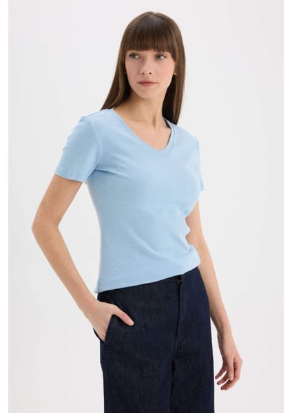 Slim Fit Dar Kesim V Yaka Basic Düz Ribana Kısa Kollu Tişört I1080AZ25SP