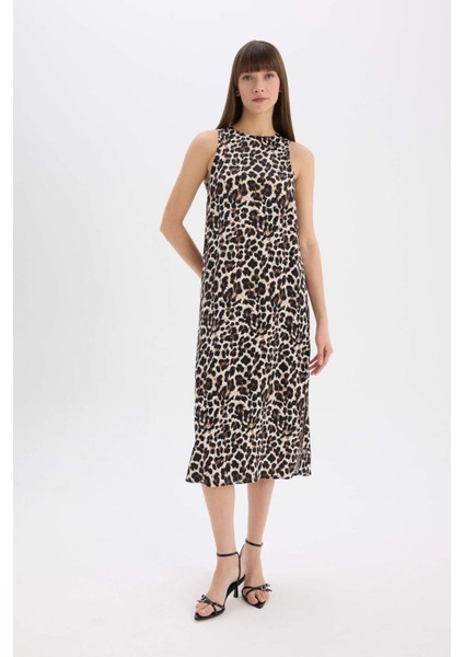Leopar Desenli Yuvarlak Yaka Saten Kolsuz Midi Abiye Elbise D7593AX25SP