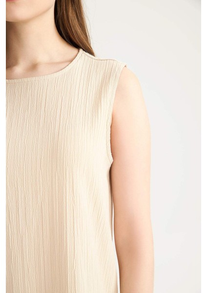 Regular Fit Bisiklet Yaka Basic Düz Gofre Dokulu Kolsuz Midi Elbise E1822AX25SP