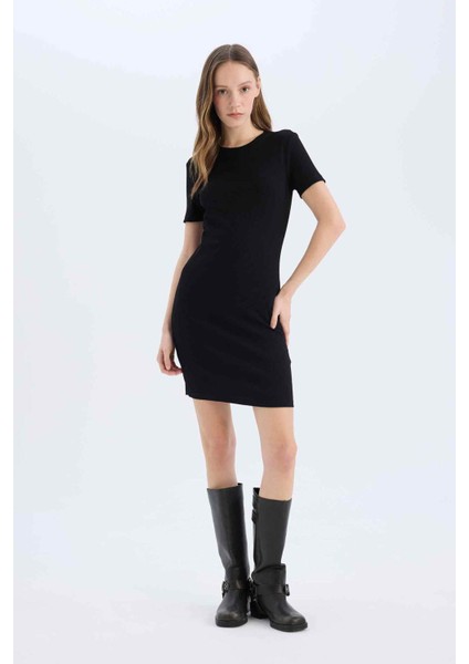 Coool Bodycon Vücudu Saran Bisiklet Yaka Fitilli Kaşkorse Kısa Kollu Mini Elbise E7231AX25SP