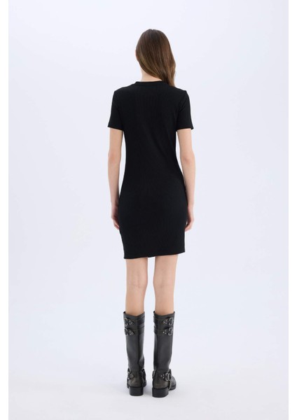 Coool Bodycon Vücudu Saran Bisiklet Yaka Fitilli Kaşkorse Kısa Kollu Mini Elbise E7231AX25SP
