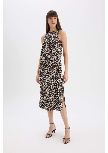 Leopar Desenli Yuvarlak Yaka Saten Kolsuz Midi Abiye Elbise D7593AX25SP