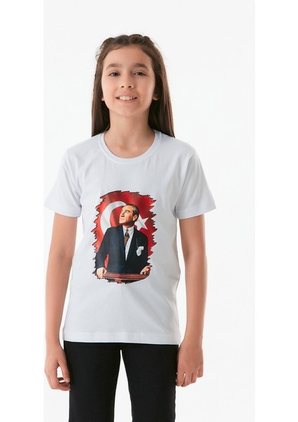 Atatürk Baskılı Bisiklet Yaka Unisex Çocuk Tişört fırsatları