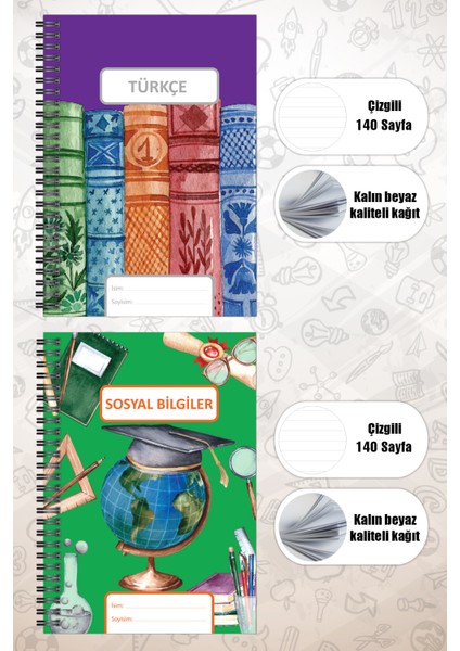 Okul Defter Seti 70 Yaprak 18X25CM Sert Kapak Spiralli Derse Özel Okul Defterleri