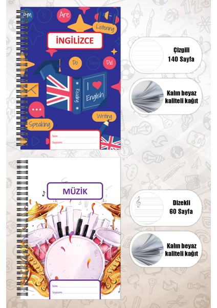 Okul Defter Seti 70 Yaprak 18X25CM Sert Kapak Spiralli Derse Özel Okul Defterleri