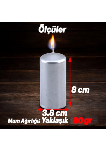 Baton Mum Metalik Kaplama Gümüş Silindir Dekoratif Mumu Kandil Mumlar Şamdan Kokusuz 8 cm modelleri