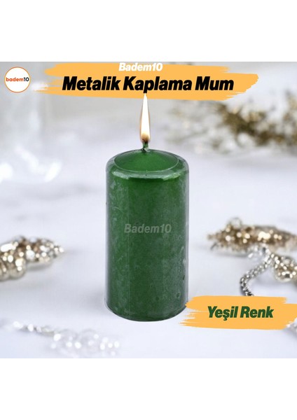 Baton Mum Metalik Kaplama Yeşil Silindir Dekoratif Mumu Kandil Mumlar Şamdan Kokusuz 8 cm