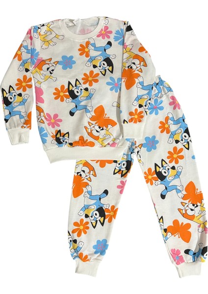 Kız Çocuk Pamuklu Şardonlu Beyaz Bluey Desenli Uzun Kollu Pijama Takımı