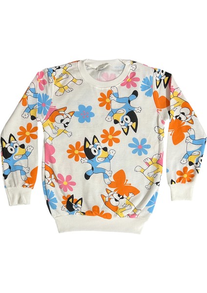 Kız Çocuk Pamuklu Şardonlu Beyaz Bluey Desenli Uzun Kollu Pijama Takımı fiyatları