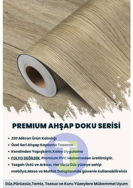 Kendinden Yapışkanlı Doğal Ahşap Dokulu Duvar Dolap Masa Mutfak Tezgah Kaplama 60 cm x 300 cm